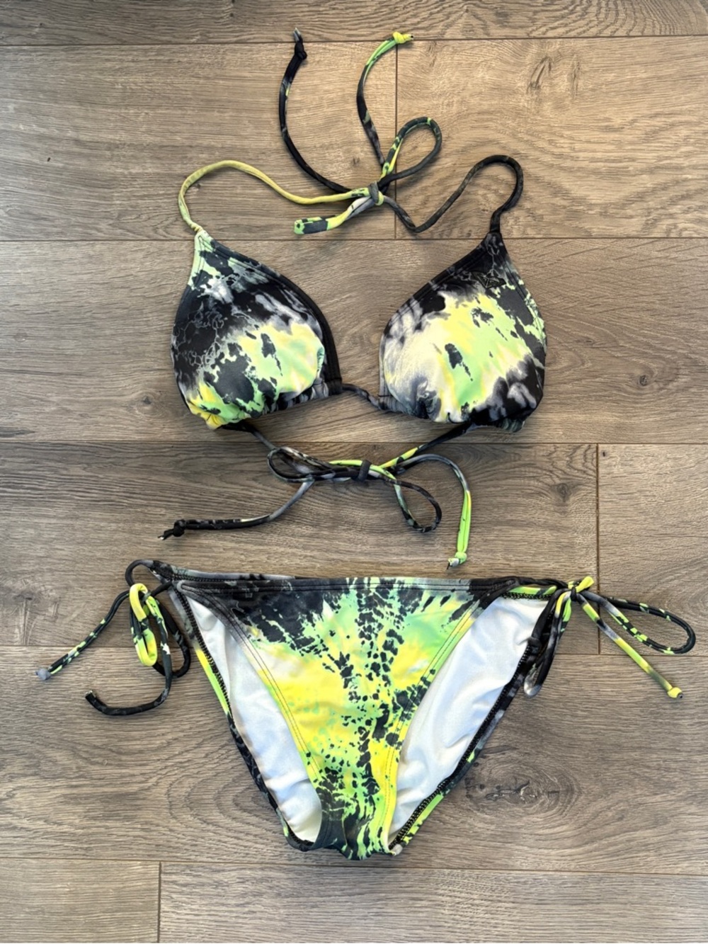Roxy Black yellow green Tie-Dye String Bikini M